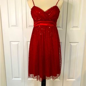 BCX Red sequin party dress Sz7/juniors spaghetti straps lined satin bow